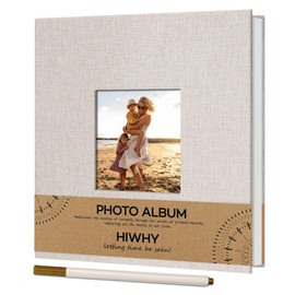 Hiwhy Photo Album Self Adhesive for 4x6 2x3 Picture book, Linen Small Scrapbook Photo Album Book DIY Scrap Book with Picture Display Window with A Metallic Pen (20 Sheets/ 40 Pages, Beige）