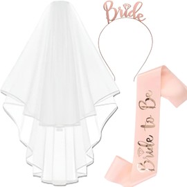 3 Piece Accessories for Bride to Be, Stag Night Set - Bride to be White Veil, JGA Rose Gold Headband Tiara, Belt, Wedding Photo Props Games Accessories for Bachelorette Party