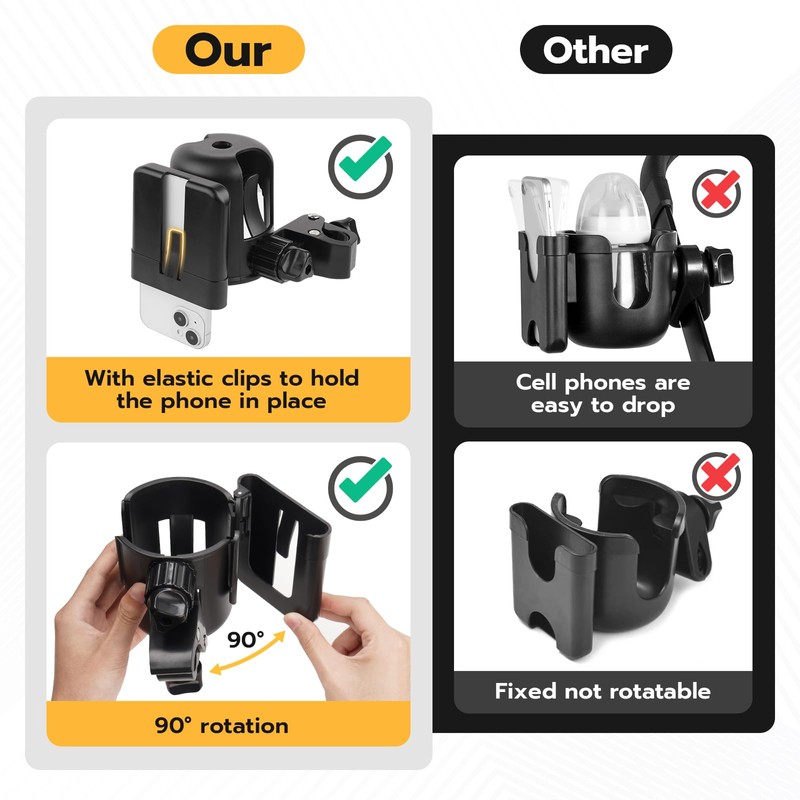2pc Stroller Cup Holder with Phone Holder, Removable 2-in-1 Drink