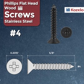 Kozelo 100pcs Phillips Flat Head Wood Screws - [#4x5/8"] 304 Stainless Steel Countersunk Self Tapping Screws for Furniture Assembly, Interior Trim, Outdoor Construction, Black