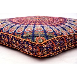 Handicraft-Palace Indian Floor Cushion Cover Blue Peacock Mandala Tapestry Large Square Floor Pillow Cover Ottoman Pouf Bohemian Meditation Seating Throw