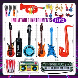 MiniInflat 19 Pcs Inflatable Rock Star Toy Set Inflatable Party Props 80s 90s Musical Themed Rock and Roll Party Decorations Blow Up Guitar Saxophone Microphones Keyboard Piano Recorder Glasses