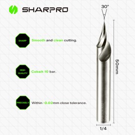 SHARPRO Chamfer End Mill V Groove O Flute Spiral Router Bit 30 Degree 1/4 Inch Shank CNC Carbide V-bit for Engraving and Chamfering Lettering, Ideal for Wood, Plywood, MDF, PVC and Acrylic