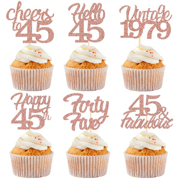 Sotpot - Decoraciones para cupcakes de 45 cumpleaños, 30 piezas de oro rosa con purpurina fabulosa/salud/Hello 45 púas para cupcakes para fiesta de cumpleaños (6 estilos)