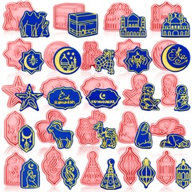 24 Pcs Eid Mubarak Cookie Cutter Set Ramadan Cookie Cutter Stamp 3D Plastic Plunger Stamp Islamic Muslim Cookie Cutter Pink Baking Ramadan Gift Mosque Moon Embossed Fondant Mold Camel Biscuit Cutters