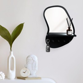 SANY DAYO HOME Wall Mount Wood Frame Irregular Mirror with 5 Wooden Hooks and Shelf, Modern Decorative Hanging Mirror for Entryway, Bedroom, Living Room (16″ x 12″, Black)