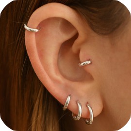 925 Sterling Silver Small Silver Hoop Earrings for Women Men,White Gold Plated Hinge Huggie Hoop Earrings fit Cartilage, Helix, Tragus, Sung, Earlobe Lightweight Hypoallergenic Earring (1 Pair - 7mm)