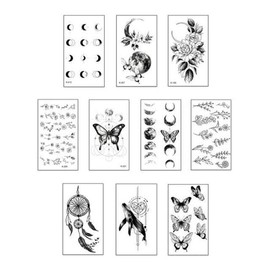 Fashion Black and White Mini Tattoo Sticker Set (10 Designs) - Flowers, Butterflies, Whales, Moons Black and White 10 Types (M15) 50ea