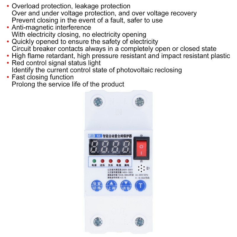 Leakage Circuit Breaker Intelligent Automatic Reclosing Protector Switch 45mm Width