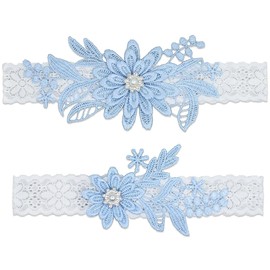 GARGALA Juego de ligas de encaje para novia con piedra de rinoceronte y perla, Azul/claro, M