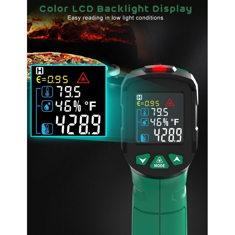 Infrared Thermometer, SQECH Laser Thermometer -50℃~800℃(-58℉~1472℉), with Ambient Temperature/Humidity/Adjustable Emission/Coloured