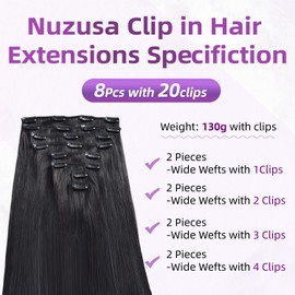 Nuzusa Clip in Hair Extensions Real Human Hair,100% Brazilian Remy Human Hair Extensions for Women,1B Natural Black 8pcs Per Set with Double Weft,26inch 130g,Straight