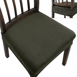 KELUINA Dining Chair Seat Covers Set of 6, Stretch Velvet Chair Seat Slipcovers Protector, Removable Washable Kitchen Chair Covers for Dining Room Chairs (Set of 6, Military Green)