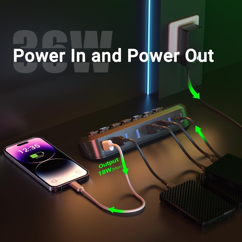 atolla Hub USB, 7 Puertos Multi USB 3.0 Hub con