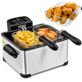 KOTEK Deep Fryer with 3 Baskets, 5.3QT/5L/21-Cup Oil Capacity, Stainless Steel Home Fryer with Adjustable Temperature, Timer, Lid w/View Window, 1700W Electric Fryer for Kitchen Restaurant (5.3QT)