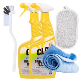 2 Pack CLR Brilliant Bath Cleaner Bundle With Microfiber Towel, Grout Brush, and Scrub Sponge - 26 Ounce CLR Bathroom Cleaner Spray For Toilet, Bath, Shower, Sink, Glass, Stainless Steel