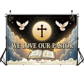 We Love Our Pastor Backdrop 8x6FT Pastor Appreciation Banner Background for Church Cross Christian Thanksgiving Party Decorations Supplies Photo Props