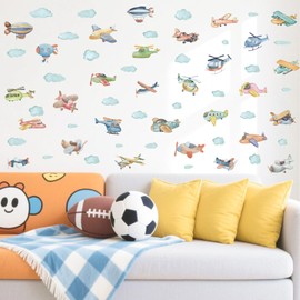 Colorful Airplane Wall Decals Peel and Stick Watercolor Cloud Plane Wall Decals Cartoon Helicopter Jet Cloud Wall Sticker Cute Aircraft Stickers for Boys Bedroom Kids Room Playroom Nursery Decor