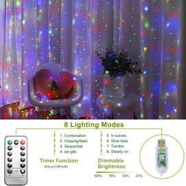 300 luces LED para cortina, luces de hadas con 8 modos de luz, 9.8 x 9.8 pies, enchufe USB remoto para Navidad, recámara, interior, exterior, bodas, fiestas, decoración de camping (multicolor)