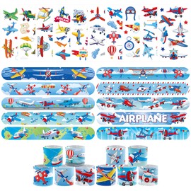 60PCS Airplane Party Set, 30PCS Temporary Tattoos, 30PCS Slap Bracelets, Airplane Themed Birthday Supplies, Plane Party decoration, Baby Shower Gifts, Classroom Rewards, Decor for Kids