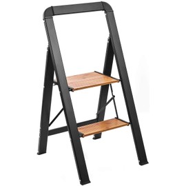 2 Step Ladder Folding Step Stool, Upgraded Lightweight Aluminum 2-Feet Step Ladder Stool with Handle, Classic Wood Look Without Wood Rot Worry Step Ladders Black and Brown