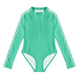 Girls One-Piece Swimsuits Plaid Long Sleeve Beachwear Zip Rash Guard Swimwears, Green, 13-14 Years