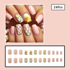 24 Pcs Easter Square Press on Nails Medium Length Fake Nails with Glue Pink Easter False Nails with Cute Chicken Easter Eggs Design Easter Nails Cute Nails Press ons Reusable Stick on Nails for Women