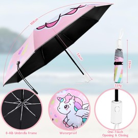 HOTUT Automatic Umbrella for Adults Teens Kids, Compact Travel Children Folding Umbrella with Reflective Strip, One Button Open-Close, Strong Windproof And UV Resistant Umbrella for Girls Boys Kids