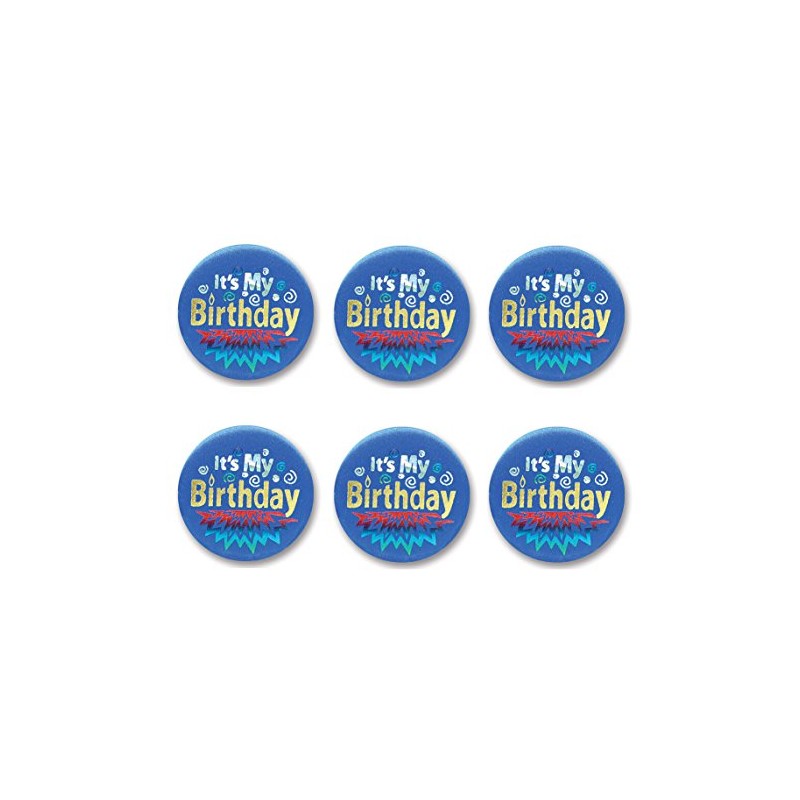 Beistle 6-Pack It's My Birthday Satin Button, 2-Inch, Blue