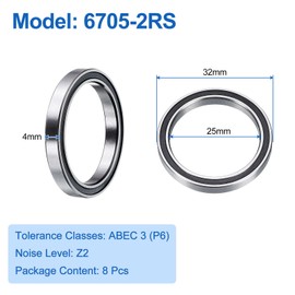 sourcing map 8pcs 6705-2RS Deep Groove Ball Bearings 25x32x4mm Chrome Steel Bearing Double Sealed Precision Bearings, P6(ABEC3)