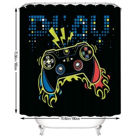 NORBEY 4 Pcs Gaming Shower Curtain Set, Classic Videogames Controller Bath Curtain with Anti-Slip Mat Toilet Cover Carpet Set and 12 Hooks, Blue Red Flame Waterproof Kids Bathroom Decor Set 72 x 72 in