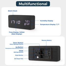 Virklyee Wooden Digital Cube Alarm Clock with LED Temperature Display, 12/24 HR, 3 Levels Adjustable Brightness, with USB Charging Port (Rectangle, Black)