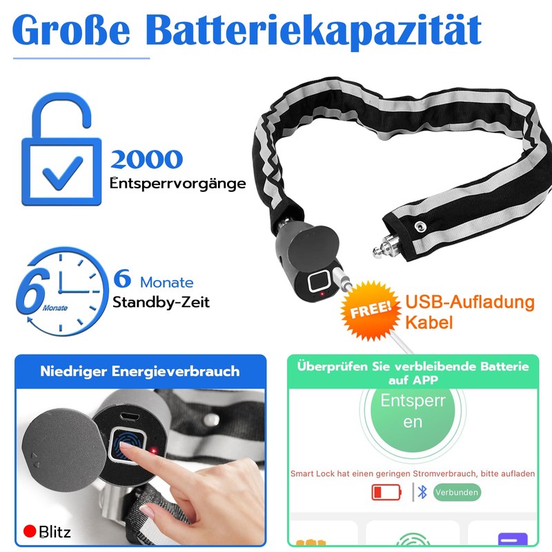 Anweller Bicycle Lock Fingerprint, High Security Anti-Theft Bicycle Chain Lock