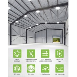 KUKUPPO 2Pack 240W LED High Bay Light Color Changeable, Dimmable LED UFO High Bay Shop Light with Plug Power Adjustable Commercial Bay Lighting for Warehouse Indoor, 100-277V, ETL&DLC Listed White