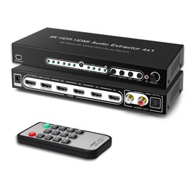 8K 60HZ HDMI Switch 4 In 1 Out with 7.1CH Audio Extractor and ARC, FERRISA HDMI 2.1 Switch Audio Converter Support Optical, L/R Audio, 4x1 HDMI Switch with Remote Support CEC, UHD, HDCP2.2, 3D, 40Gbps