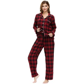 MoFiz Women's Long Sleeve Cotton Warm Checked Sleepwear Pyjamas Suit with Button Placket Sleepwear Autumn and Winter, No.81358