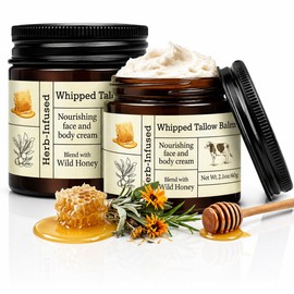 2 piezas de sarga de res para la piel, bálsamo de sargo de ternera alimentado con pasto con miel cruda, crema facial y corporal batida, bálsamo de sebo hidratante natural, cuidado orgánico hidratante de la piel para pieles secas, sensibles y maduras
