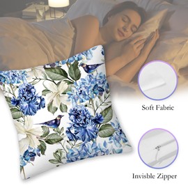 SKYDAWNY Blue Floarl Throw Pillow Covers 18x18 in Set of 2,Watercolor Hydrangea Bird Pillow Cases Decorative Double-Sided Design Square Pillowcases for Home Bed Sofa Living Room Farmhouse Outdoor