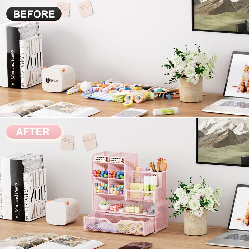 Marbrasse Pen Holder for Desk, Desk Organize with Drawer, Desk