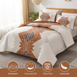 Dintszyayue Boho Queen Quilt Set 3 Pieces Aztec Texture Bedspread Coverlet Set Bohemian Quilt Bedding Set Microfiber Lightweight Bed Cover for All Seasons (Terracotta, 90"×96")