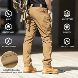 FLYFIREFLY Men's Cargo Hiking Pants Lightweight Waterproof Tactical Pants Outdoor Work Pants with Pockets(No Belt) Dark Khaki