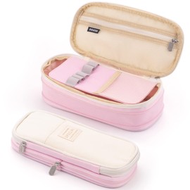 ANGOOBABY Large Pencil Case, Pen Case For Girls & Boys, Elementary School, High School, College Students, Adults (Pink + Beige)