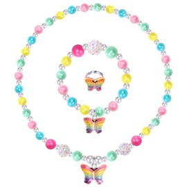 Girls Crystal Butterfly Jewelry Set - Toddler Butterfly Necklace Girls Pretend Plasy Toy Jewelry Set with Bead Necklace, Bracelet and Ring - Play Accessories - Ages 3+ Girl Birthday Gifts-Style 1