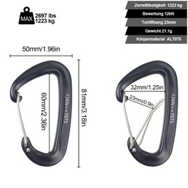 Galerie SV Pack of 6 Carabiner Hooks Climbing Heavy Duty Aluminium Carabiner Hook Large 12 KN (1200 kg) Aluminium Carabiner Key Ring for Hammocks, Camping, Backpacking (Black)