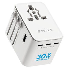 decqle Universal Travel Adapter, International Travel Plug Adapter with 3 USB-C ＆ 2 USB-A Ports(Total 30W), All in One Portable Adaptor, for USA, UK, EU, AU ＆ 224+ Countries (White)