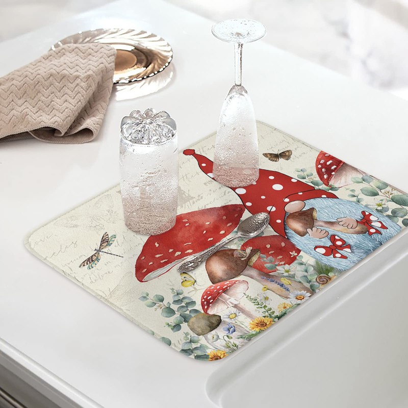 LIFEMUSION Mushroom Dish Drying Mat for Kitchen Counter, Red Gnomes
