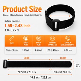 Ysenchan Hook and Loop Straps with Buckle, Reusable Adjustable Cable Management Straps, Heavy Duty Cinch Straps for Cords, Hoses, Bike Gear & Home Organization, 1" x 10", Black, 10 Pack