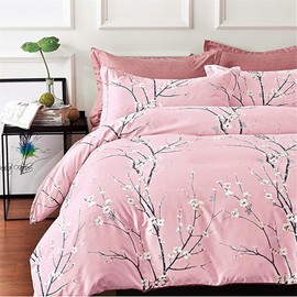 3 Pieces Double Floral Bedding Set with Zipper Closure Pink Plum Pattern Duvet Cover with 2 Pillowcases Soft Microfiber Botanical Branch Duvet Cover Set 200x200cm