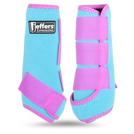Jeffers Equine Neon Horse Boots – 1 Pair – Turquoise & Purple – Large Size – Breathable Neoprene, Secure Velcro Straps – Durable Protection for Front & Hind Legs, Trail & Riding Use