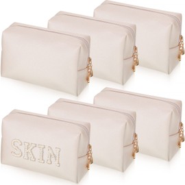 6 Bolsas de Maquillaje con Parche Preppy Bolso Cosmético de Cuero PU Neceser de Viaje Impermeable y Ordenado Bolsa de Maquillaje Portátil para Mujeres Muchachas Organizador (Blanco y Oro)